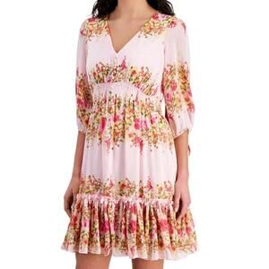 Taylor Floral Button Smocked Waist Dress Pink Mini BOHO Summer Womens Size 8
